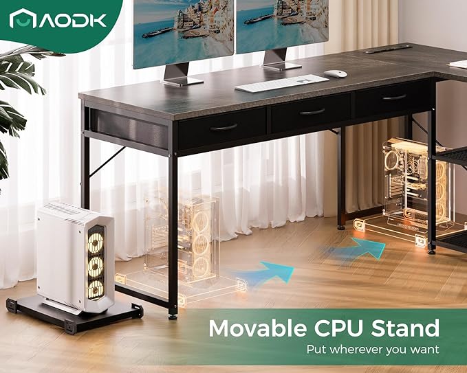 AODK 61 Inch L Shaped Computer Desk with Drawers, Corner Desk with Power Outlets & Reversible Storage Shelves, Movable CPU Stand for Home Office Gaming, Oak Grey - LeafyLoom