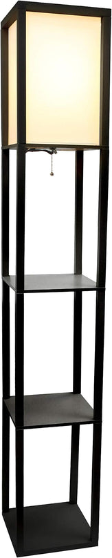 Simple Designs LF1014-BLK-LB Three Shelf Etagere Organizer Storage Floor Lamp with White Linen Shade for Living Room, Bedroom, Office, Hallway, Black, with Feit LED Bulb Included - LeafyLoom