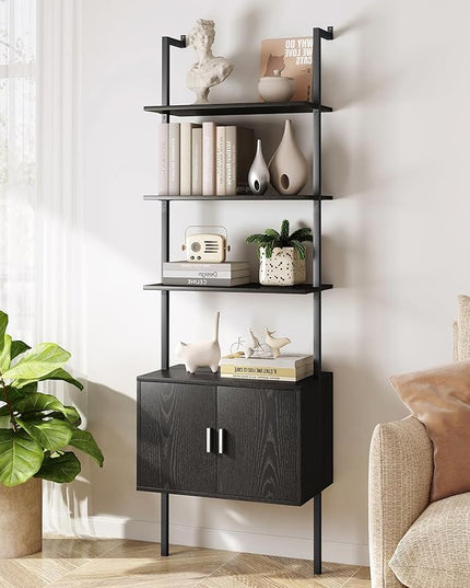 Yusong 73" Tall Bookshelf with Cabinet, Industrial Ladder Wall Mount Shelf Bookcase with Wood and Metal Frame, Plant Shelf Wall Storage Display for Living Room Bedroom, Black Wood Grain - LeafyLoom