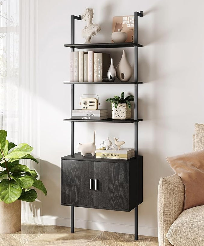 Yusong 73" Tall Bookshelf with Cabinet, Industrial Ladder Wall Mount Shelf Bookcase with Wood and Metal Frame, Plant Shelf Wall Storage Display for Living Room Bedroom, Black Wood Grain - LeafyLoom