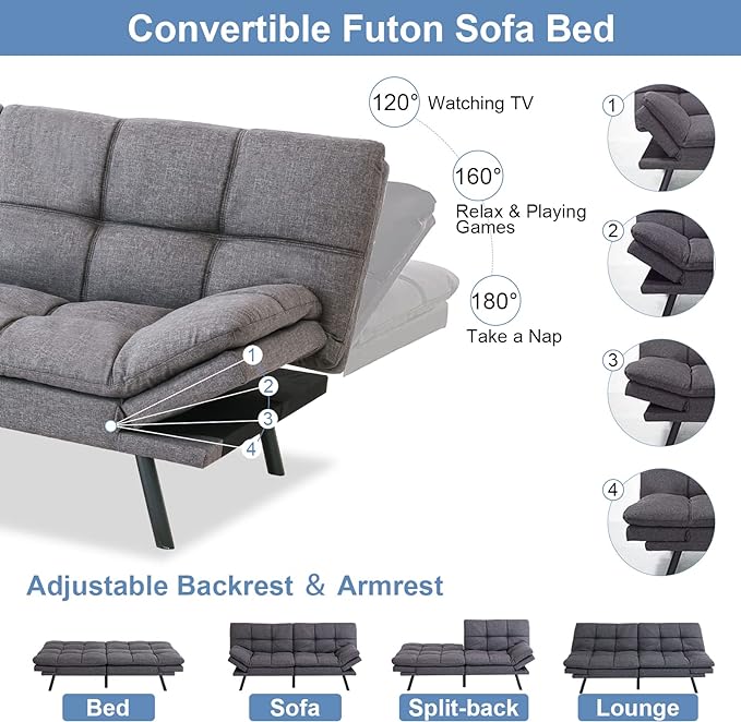 MUUEGM Futon Sofa Bed Couch Convertible Memory Foam Sleeper Love Seat,Modern Daybed for Living Room,Office,Small Space,Apartment,Adjustable Backrests Armrests,71" Sofabed, Pure Grey - LeafyLoom