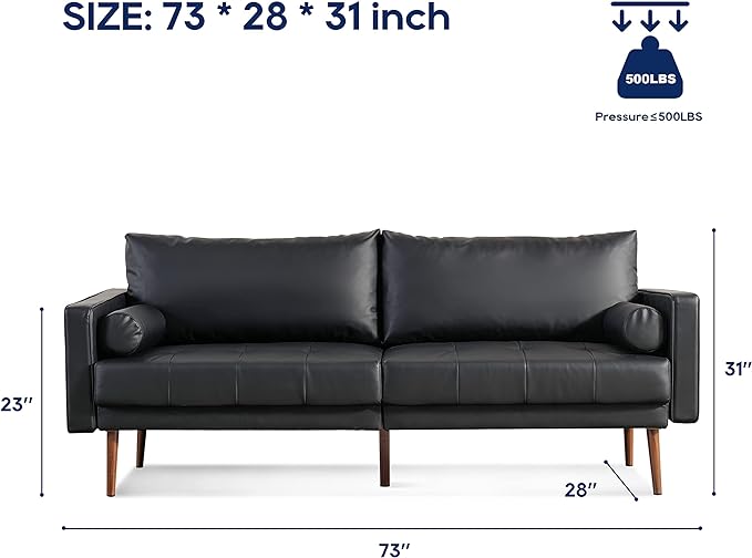 Vonanda Faux Leather Sofa Couch, Mid-Century 73 Inch 3 Seater Leather Couch with Wood Grain Metal Legs and Bolster Pillows for Living Room,Elegant Black - LeafyLoom