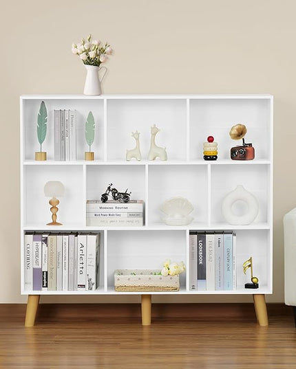YAHARBO 10 Cube White Bookshelf,3 Tier Book Shelf with Legs,Modern Minimalist Bookcase,Open Book Shelves Storage Organizer,Frees Standing Wooden Display Bookcases for Small Space,Bedroom,Living Room - LeafyLoom