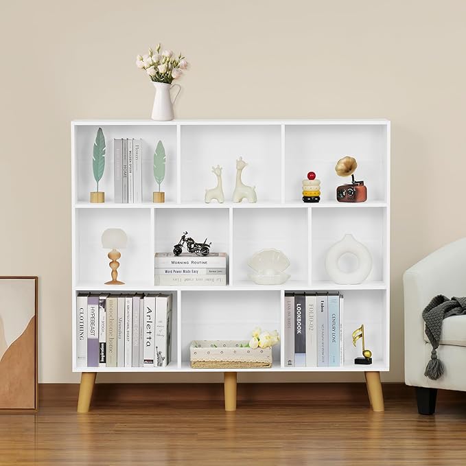 YAHARBO 10 Cube White Bookshelf,3 Tier Book Shelf with Legs,Modern Minimalist Bookcase,Open Book Shelves Storage Organizer,Frees Standing Wooden Display Bookcases for Small Space,Bedroom,Living Room - LeafyLoom