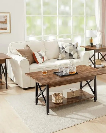 GreenForest Coffee Table Large 43.3 x 23.6 inch Farmhouse Rustic with Storage Shelf for Living Room, Easy Assembly, Walnut - LeafyLoom