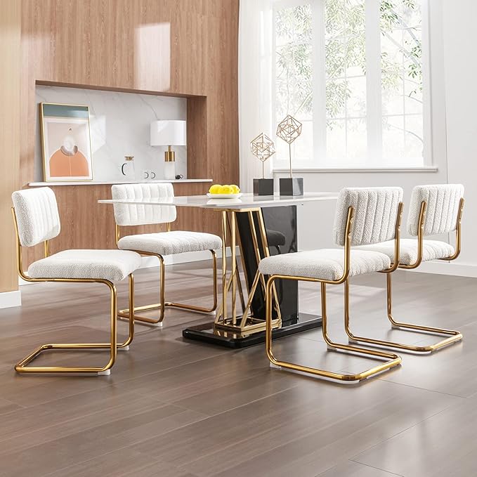 Zesthouse Mid Century Dining Chairs Set of 2, White Boucle Dining Room Chairs with Gold Legs, Upholstered Armless Accent Chairs Side Chairs for Living Room - LeafyLoom