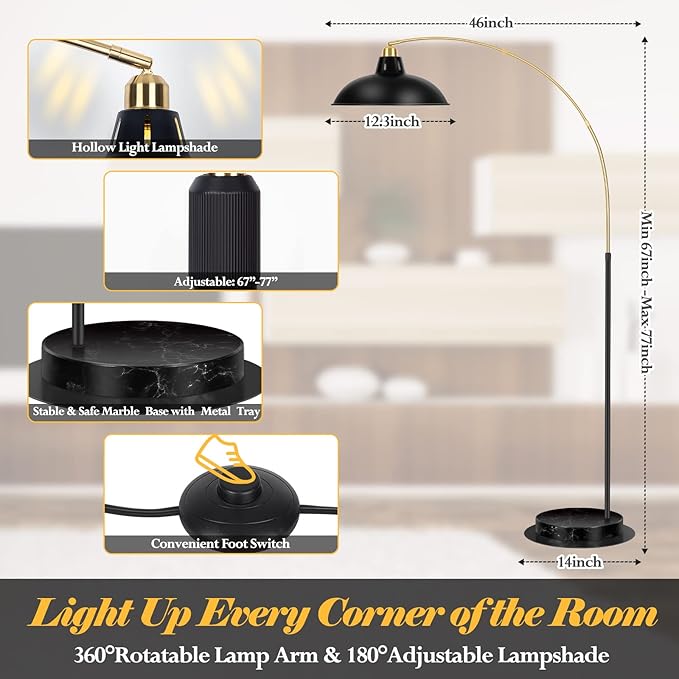 Arc Floor Lamp for Living Room, Marble Base Standing Lamp - Black Gold Floor Lamps with 360° Rotatable Arm, Industrial Tall Lamp Metal Material, Reading Lamp for Bedroom Couch Sofa Desk - LeafyLoom