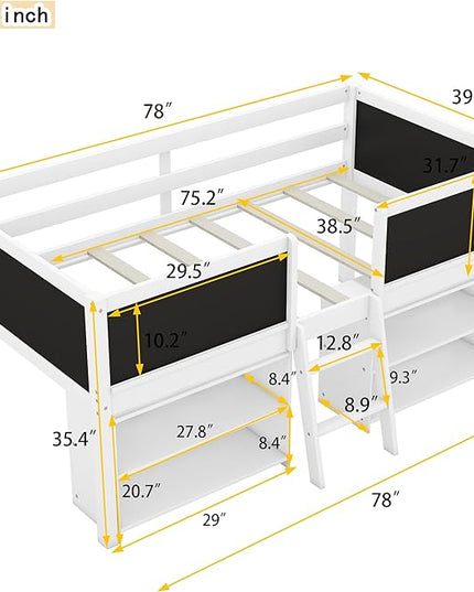Twin Size Low loft Bed with Movable Shelves for Kids,Kids Low Loft Bed Frame with Guardrail Chalkboard and Storage,Solid Wood Loft Bed Twin for Boys,Girls (White) - LeafyLoom