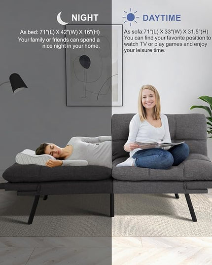 MUUEGM Futon Couch Bed, Convertible Memory Foam Sofa Bed, Modern Love Seat Daybed Sofa for Living Room,Small Space,Office,71",Adjustable Backrests Armrests Couch Bed Sleeper,Linen Grey - LeafyLoom