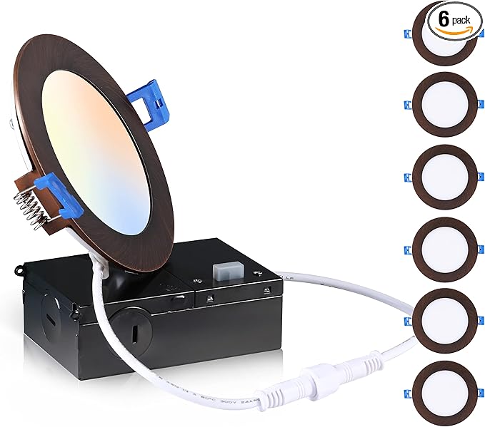 CLOUDY BAY Ultra Thin LED Recessed Ceiling Light,4 inch 3000K/ 4000K/ 5000K,Dimmable 10W CRI90+,Canless Light with Junction Box,IC Rated, Canless Wafer Downlight,Oil Rubbed Bronze,Damp Rated,6 Pack CLOUDYBAY