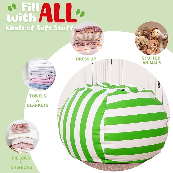 Wekapo Stuffed Animal Storage Bean Bag Chair Cover for Kids | Stuffable Zipper Beanbag for Organizing Children Plush Toys Large Premium Cotton Canvas (Green, X-Large) - LeafyLoom
