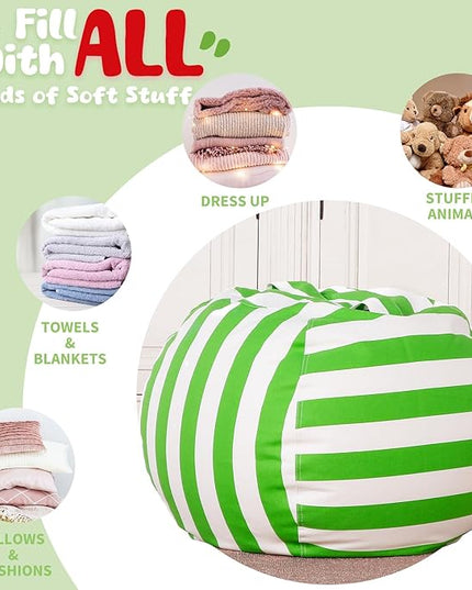Wekapo Stuffed Animal Storage Bean Bag Chair Cover for Kids | Stuffable Zipper Beanbag for Organizing Children Plush Toys Large Premium Cotton Canvas (Green, XX-Large) - LeafyLoom
