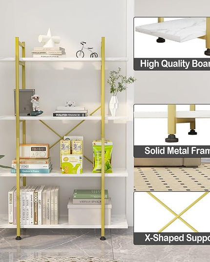 Bookshelf 4 Tiers White and Gold Wooden Storage Shelf,Modern Open Display Storage Bookcase Book Organizer,Metal Bookshelf Standing Storage Shelf Tall Shelving Units for Home Office Study - LeafyLoom