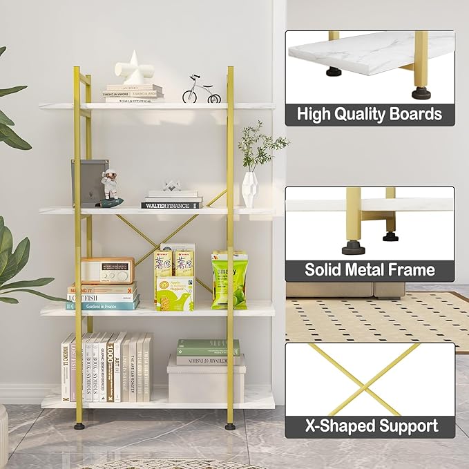 Bookshelf 4 Tiers White and Gold Wooden Storage Shelf,Modern Open Display Storage Bookcase Book Organizer,Metal Bookshelf Standing Storage Shelf Tall Shelving Units for Home Office Study - LeafyLoom