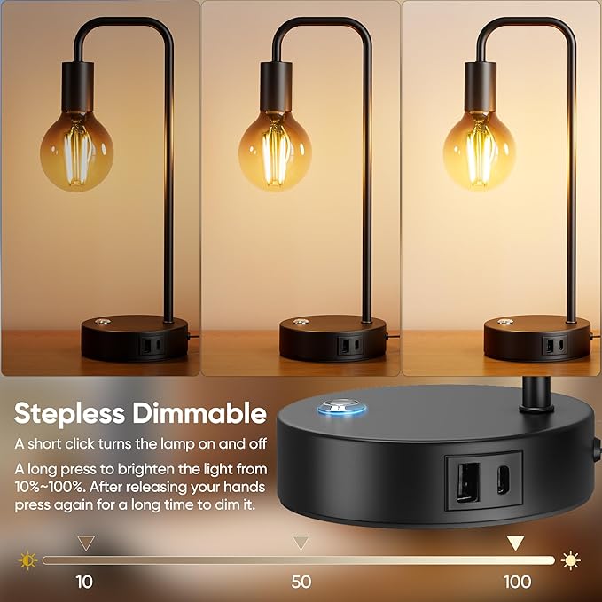 QiMH Industrial Table Lamps for Living Room, Farmhouse Table Lamp with USB A+C Ports, Minimalist Bedside Lamps set of 2, Touch Control Stepess Dimmable,8W G80 Globe Bulb, Black Lamps for Bedroom - LeafyLoom