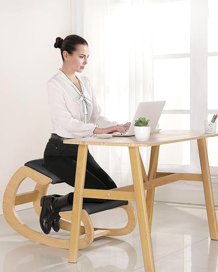 Predawn Ergonomic Kneeling Chair,Rocking Knee Chair Upright Posture Chair for Home Office Meditation Wooden & Linen Cushion-Office Chair for Back Neck Pain Relief & Improving Posture(White Oak-Black) - LeafyLoom