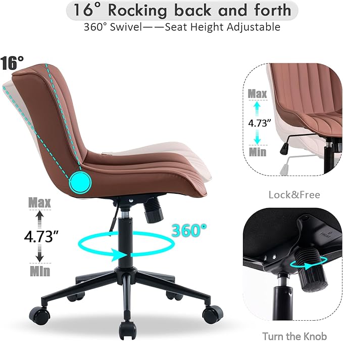 YOUNIKE Armless Office Chair with Wheels Leather Swivel Desk Chair Upholstered Adjustable Computer Task Chair Modern Rolling Vanity Chair Rocking Gaming Chair Dusty Rose Pink - LeafyLoom