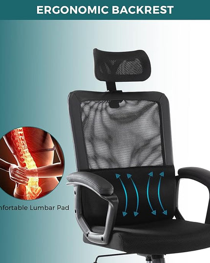 SMUG Office Chair, Ergonomic Mesh Home Office Computer Chair with Lumbar Support/Adjustable Headrest/Armrest and Wheels/Mesh High Back/Swivel Rolling (Black) - LeafyLoom