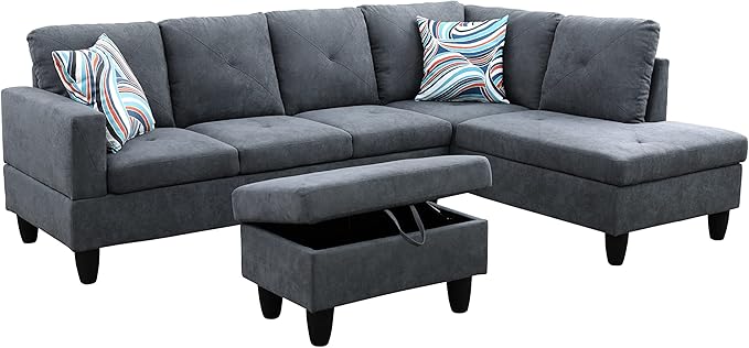 ROOMTEC L Shape Sectional Sofa Set, 5 Seat Upholstered Corner Couch with Storage Ottoman & Right Chaise Lounge, Luxurious Flannelette Tufted Cushions, for Living Room, Apartment, Dark Grey - LeafyLoom