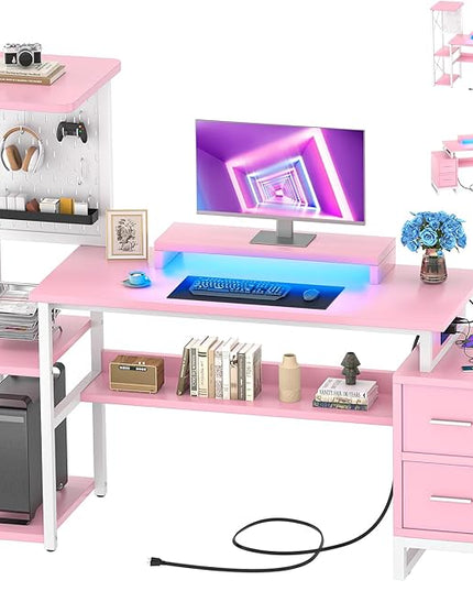 Computer Desk with 2 Fabric Drawers - Reversible Home Office Desk with Power Outlet & LED Lights, 53" Writing Desk with Monitor Stand & Storage Shelves, Gaming Desk Study Table with Pegboard, Pink - LeafyLoom