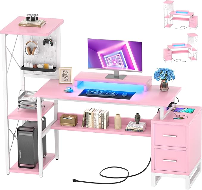 Computer Desk with 2 Fabric Drawers - Reversible Home Office Desk with Power Outlet & LED Lights, 53" Writing Desk with Monitor Stand & Storage Shelves, Gaming Desk Study Table with Pegboard, Pink - LeafyLoom