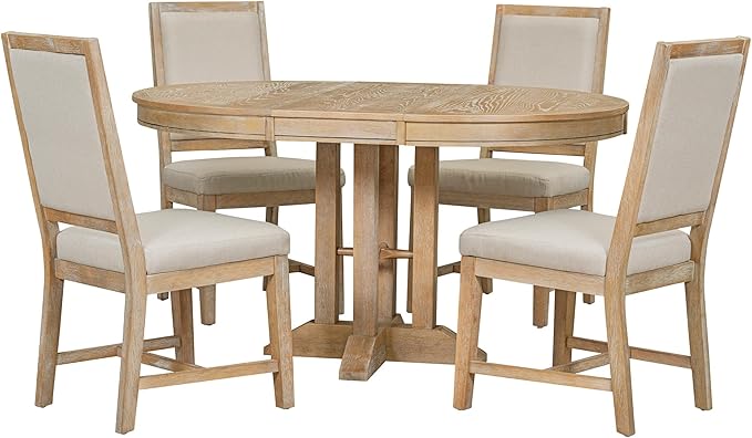 RITSU Farmhouse 5-Piece Dining Set, Included Retro Extendable Round Table with X-Shape Base and 4 Upholstered Chairs, Solid Wood Adjustable Dinette Furniture for Kitchen Living Room, Natural, 1 - LeafyLoom