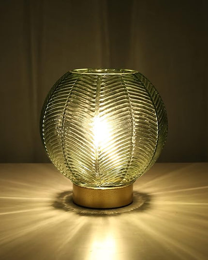 Battery Powered Lamp with Timer, Cordless Battery Operated Table Lamp with LED Bulb, Decorative Small Lamp Glass for Nightstand Bedside Bedroom Living Room-Green - LeafyLoom