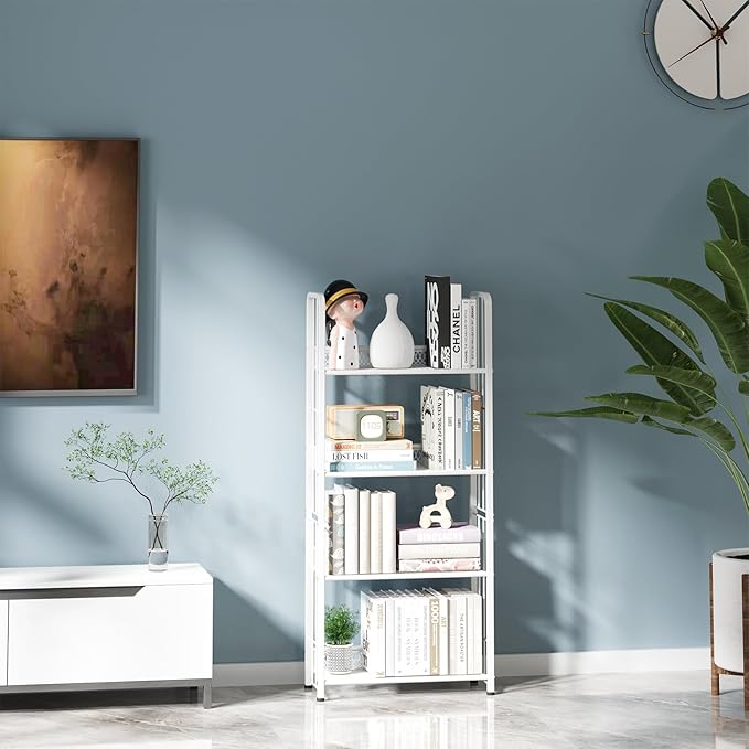 Bookshelf Storage Shelf Bookcase Freestanding Storage Stand Book Organizer for Living Room, Bedroom, Kitchen, Rust Resistance,Easy Assembly Multi-Functional Organizer (4 Tiers, White) - LeafyLoom