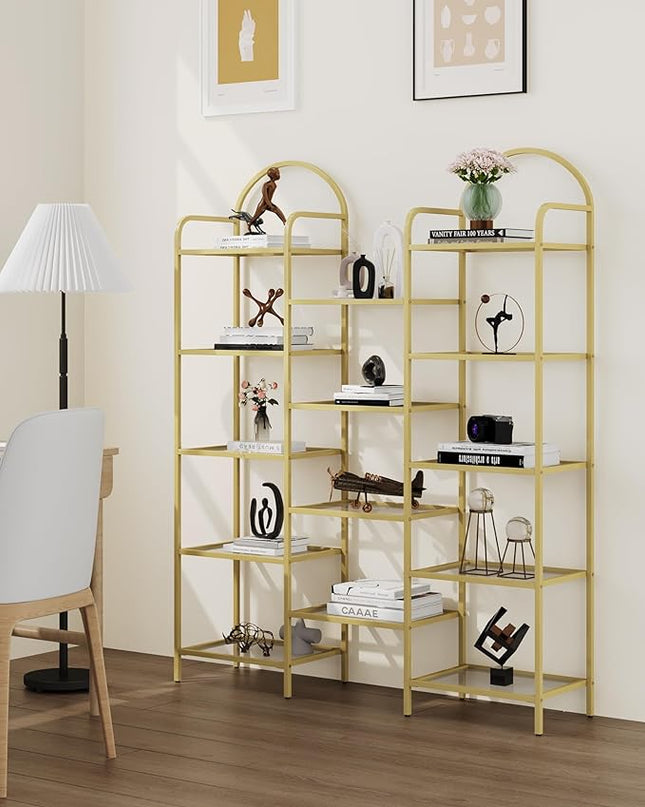 5 tier Bookcase Bookshelf, Tempered Glass Bookshelves, Triple Wide Glass Storage Rack with 14 Open Storage Spaces, Display Shelf for Living Room, Home Office, Bedroom, Gold BC50101G - LeafyLoom