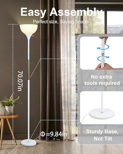Floor Lamp, LED Standing Lamp 3 Way Dimmable Brightness Floor Lamp Rotary Switch Floor Lamps Modern Industrial Lamp with Shade, Tall Lamps for Living Room Bedroom Office Dining Room (White) - LeafyLoom