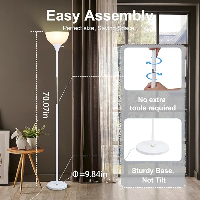 Floor Lamp, LED Standing Lamp 3 Way Dimmable Brightness Floor Lamp Rotary Switch Floor Lamps Modern Industrial Lamp with Shade, Tall Lamps for Living Room Bedroom Office Dining Room (White) - LeafyLoom