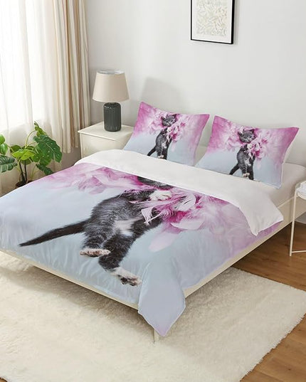 Cat Comforter Set Queen Size for Kids Pink Feathers Black Cat 3Pcs Bedding Set for boys and Girls (1Summer Comforter+ 2 Pillowcases) Lovely Animal Pets Duvet Set - LeafyLoom