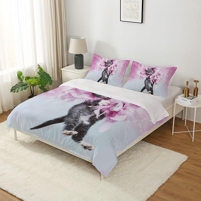 Cat Comforter Set Queen Size for Kids Pink Feathers Black Cat 3Pcs Bedding Set for boys and Girls (1Summer Comforter+ 2 Pillowcases) Lovely Animal Pets Duvet Set - LeafyLoom