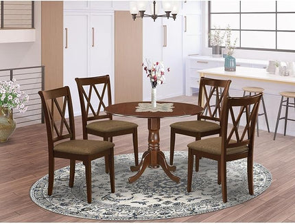 East West Furniture DLCL5-MAH-C Dublin 5 Piece Modern Set Includes a Round Wooden Table with Dropleaf and 4 Linen Fabric Dining Room Chairs, 42x42 Inch, Mahogany - LeafyLoom