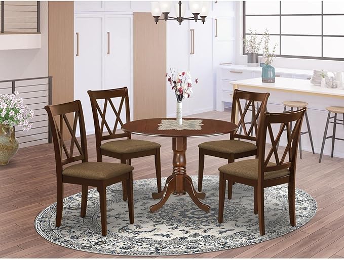 East West Furniture DLCL5-MAH-C Dublin 5 Piece Modern Set Includes a Round Wooden Table with Dropleaf and 4 Linen Fabric Dining Room Chairs, 42x42 Inch, Mahogany - LeafyLoom
