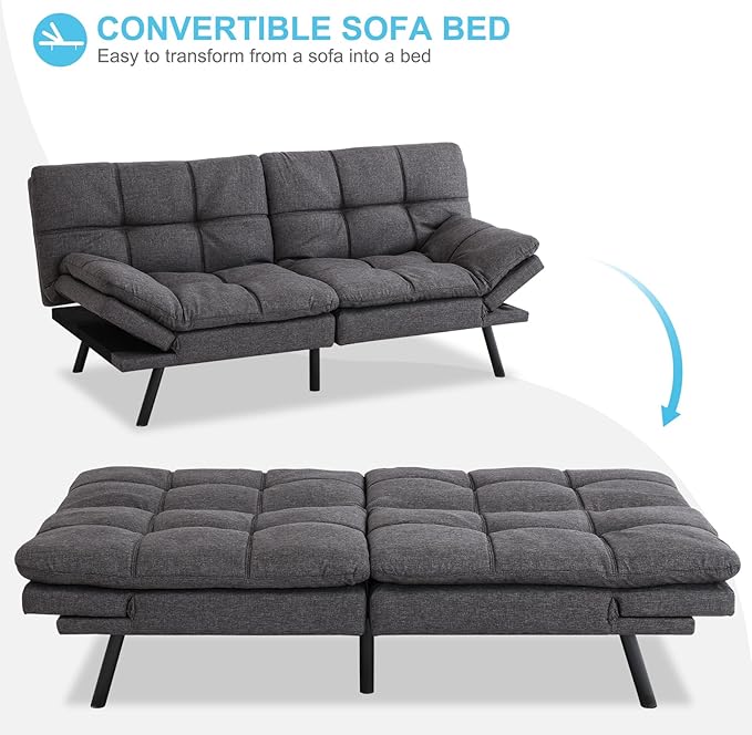 MUUEGM Futon Sofa Bed Couch - Convertible Sofa Bed, Loveseat Sleeper Sofa with Adjustable Backrest, Memory Foam Folding Futon for Living Room, Small Space, Apartment, Office, Grey - LeafyLoom
