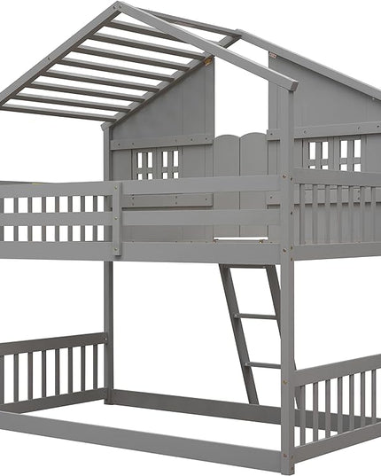 Twin Size House Bunk Bed with Roof, Door, Window and Small Box, Wooden Low Bunkbed Frame with Safety Guardrails and Ladder, for Kids Teens Bedroom, Twin Over Twin, Grey - LeafyLoom