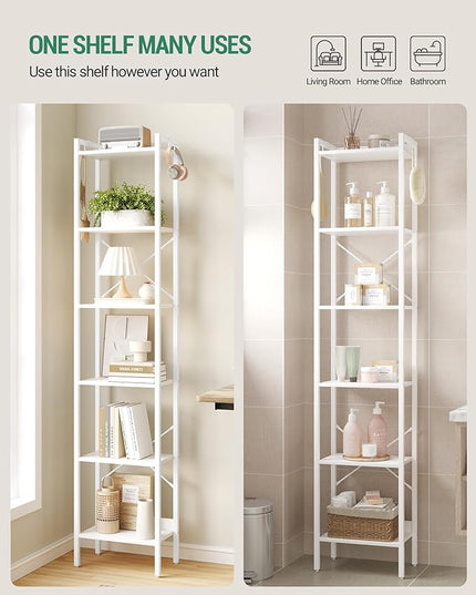 Bookshelf, Book Shelf, Industrial Bookcase with 2 Hooks, Coner Shelf Storage Organizer for Home Office, Living Room, Bedroom, Kitchen, 6-Tier White BC10713W - LeafyLoom
