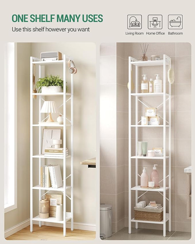 Bookshelf, Book Shelf, Industrial Bookcase with 2 Hooks, Coner Shelf Storage Organizer for Home Office, Living Room, Bedroom, Kitchen, 6-Tier White BC10713W - LeafyLoom