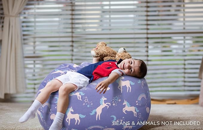 Aubliss Stuffed Animal Storage Bean Bag, Unicorn Bean bag Chair, Stuff 'n Sit for Kids, Medium 32"-Canvas Unicorn Blue - LeafyLoom