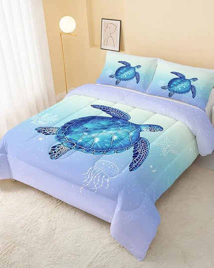 Turtle Comforter Twin Size,Ocean Comforter Set for Kids Teens Girls Boys,3Pcs Bedding Set Printed Comforter with 2 Pillowcases,Down Alternative,Soft and Lightweight(Blue，Twin Size) - LeafyLoom