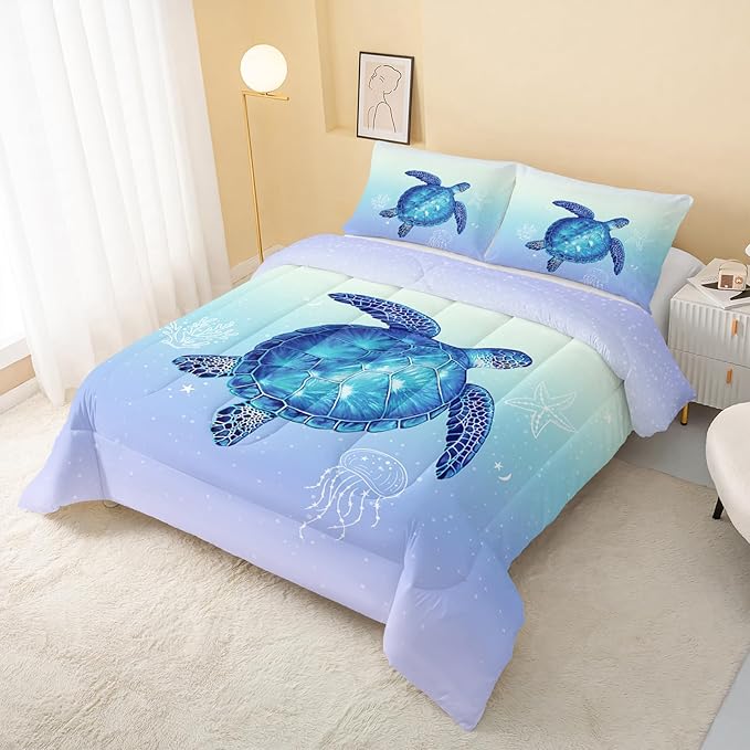 Turtle Comforter Twin Size,Ocean Comforter Set for Kids Teens Girls Boys,3Pcs Bedding Set Printed Comforter with 2 Pillowcases,Down Alternative,Soft and Lightweight(Blue，Twin Size) - LeafyLoom