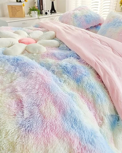 Faux Fur Kids Girls Sunshine Rainbow Comforter Sets Queen - 3PC Bed Set Warm Comfortable Soft Plush Flannel Velvet Fluffy Fuzzy Bedding（Comforter x 1 Pillowcases x 2） - LeafyLoom