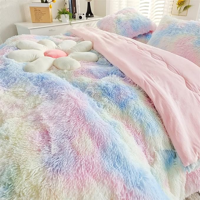 Faux Fur Kids Girls Sunshine Rainbow Comforter Sets Queen - 3PC Bed Set Warm Comfortable Soft Plush Flannel Velvet Fluffy Fuzzy Bedding（Comforter x 1 Pillowcases x 2） - LeafyLoom