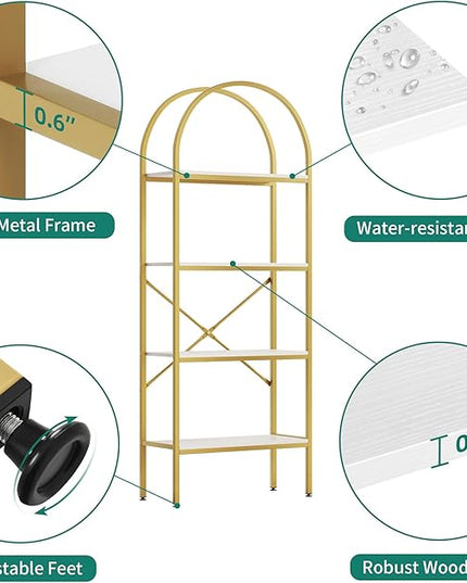 YITAHOME Gold Bookshelf and Bookcase, 71.3” Tall Modern Open Arched Book Shelf, 4-Tier Freestanding Storage Display Rack Shelves for Bedroom,Living Room,Office,Kitchen, White&Gold - LeafyLoom