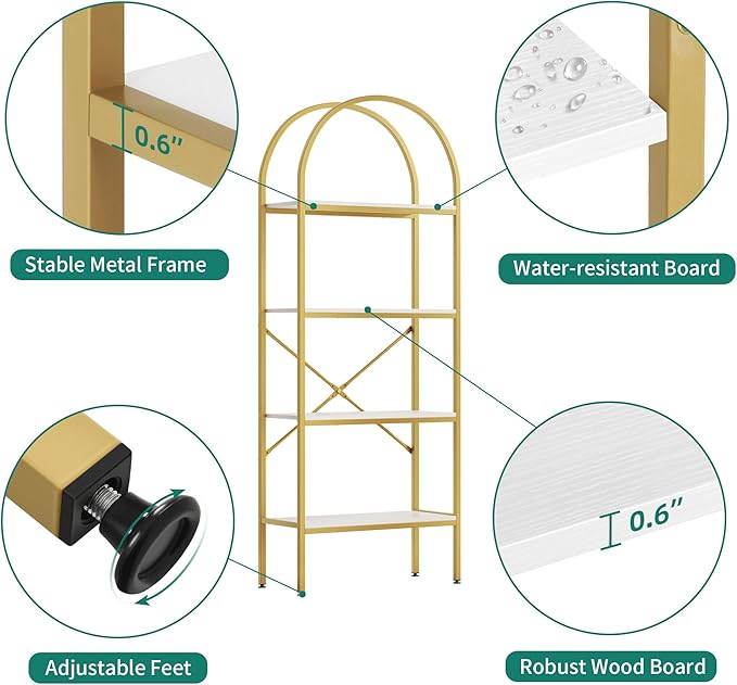 YITAHOME Gold Bookshelf and Bookcase, 71.3” Tall Modern Open Arched Book Shelf, 4-Tier Freestanding Storage Display Rack Shelves for Bedroom,Living Room,Office,Kitchen, White&Gold - LeafyLoom