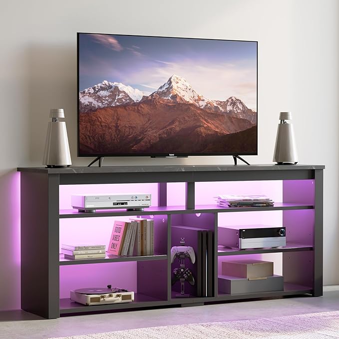 Bestier LED Tall Entertainment Center, 55 inch TV Stand for 55/60/65 inch TV, Gaming TV Cabinet with Storage for PS5, Adjustable Shelf Media TV Console for Living Room Bedroom, Black Marble - LeafyLoom