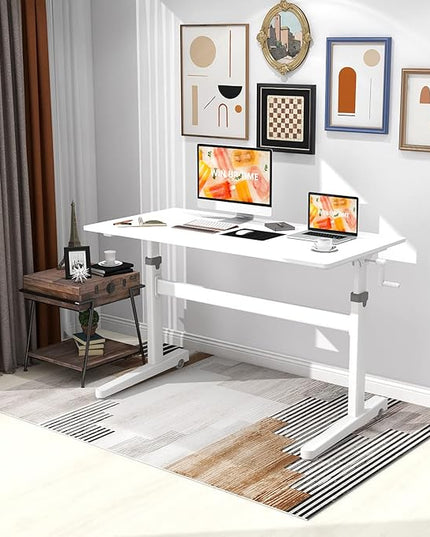 Manual Standing Desk Adjustable Height- Crank Mobile Standing Desk 48 x 24 Inches Sit Stand Desk Frame & Top, Stand Up Desk on Wheels, Computer Desk White Frame & White - LeafyLoom