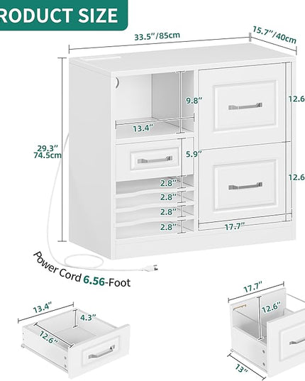YITAHOME 3 Drawer File Cabinet, Filing Cabinet with Charging Station, Printer Stand with Open Storage Shelves, Fits for A4, Letter, Legal Size Files, White - LeafyLoom