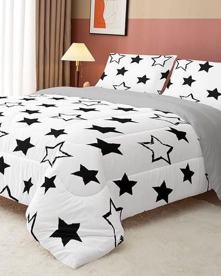 Axolotl Kids Twin Bedding Comforter Set,3Pcs Super Cute Soft Black and White Stars Quilt Set Bed in A Bag with 1 Comforter 2 Pillowcases for Kids Boys Girls Teens Adults Room Decor All Season - LeafyLoom